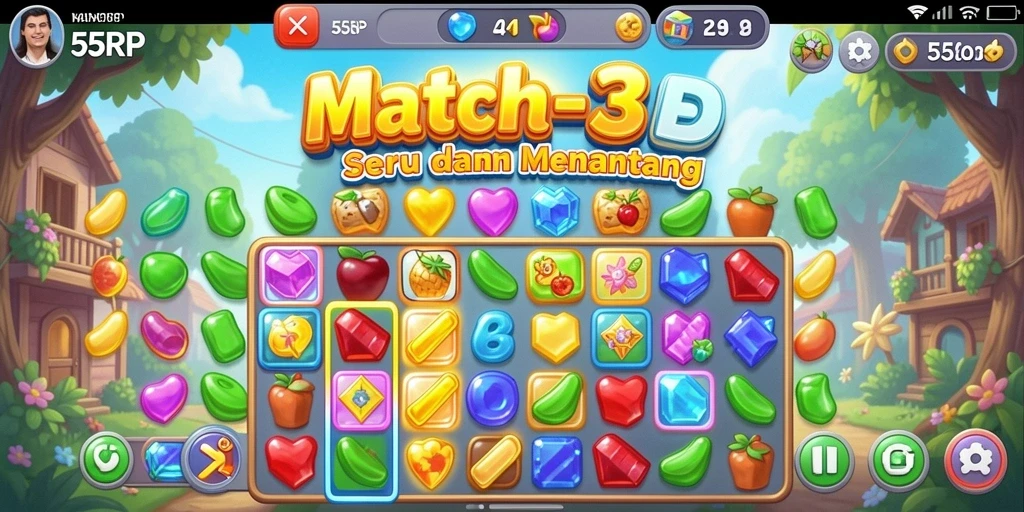 Gameplay seru di 55RP dengan tantangan match-3.