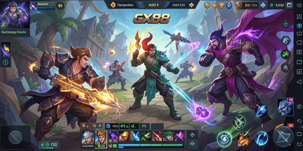 Screenshot gameplay GX88 menampilkan aksi pertarungan seru di arena MOBA.