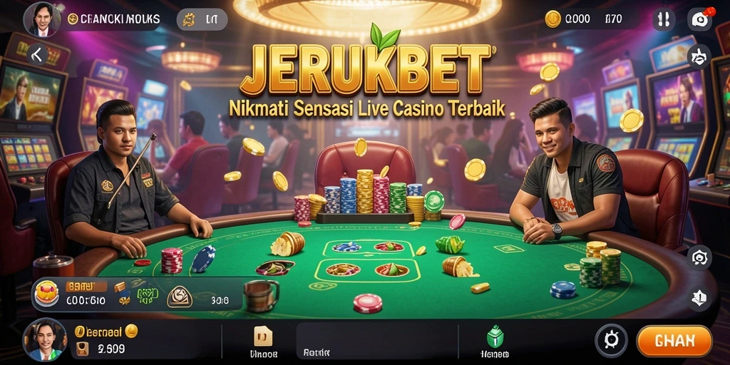 Screenshot gameplay Live Casino JERUKBET menampilkan dealer langsung dan suasana kasino yang menarik.