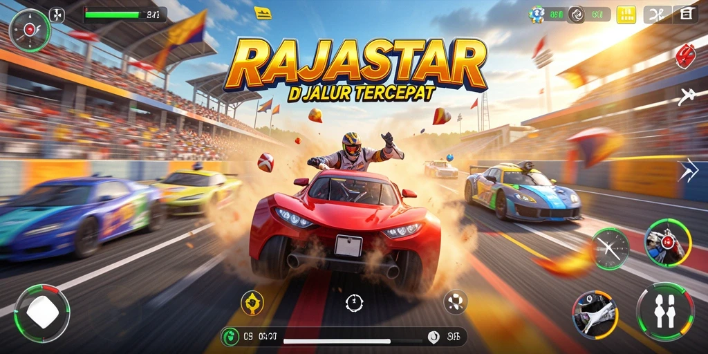 Tampilan gameplay seru RAJASTAR saat balapan di jalur cepat.