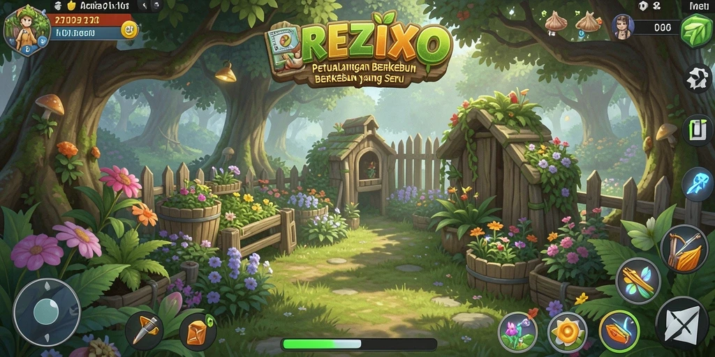 Screenshot gameplay REZIXO menampilkan aktivitas berkebun yang seru.