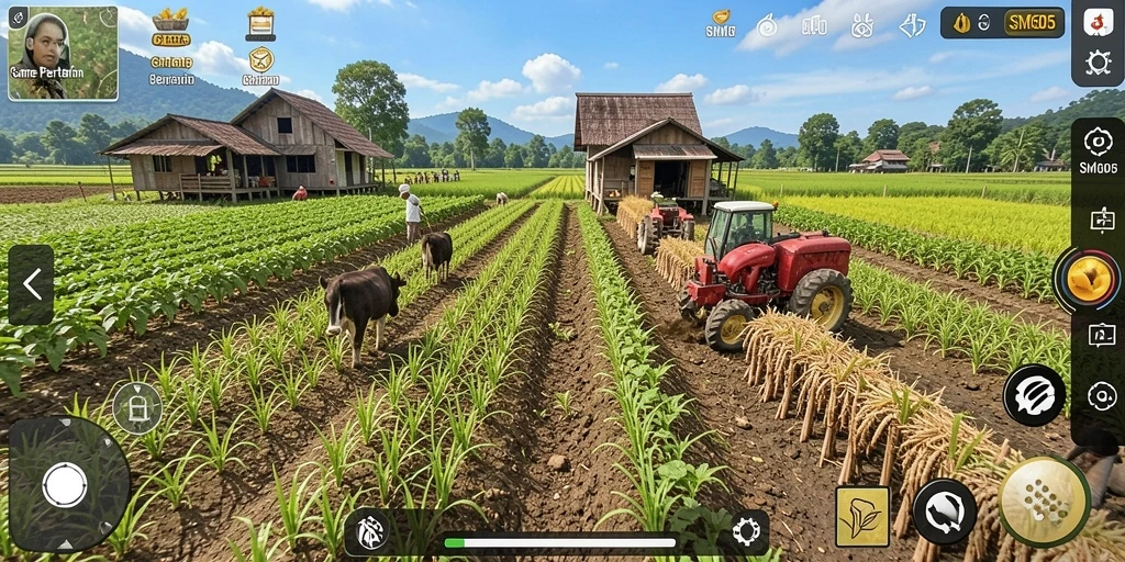 Tampilan gameplay SM605 yang memukau dengan suasana pertanian.