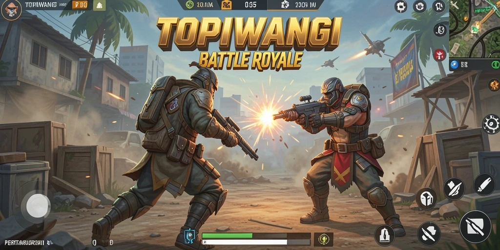 Screenshot gameplay TOPIWANGI menunjukkan aksi seru dalam pertempuran Battle Royale.