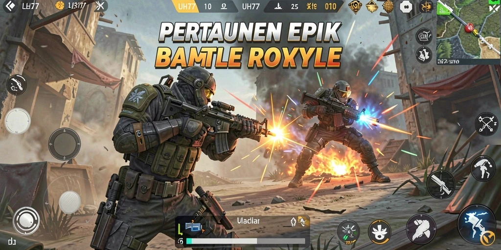 Gameplay seru UH77 dengan aksi Battle Royale mendebarkan.